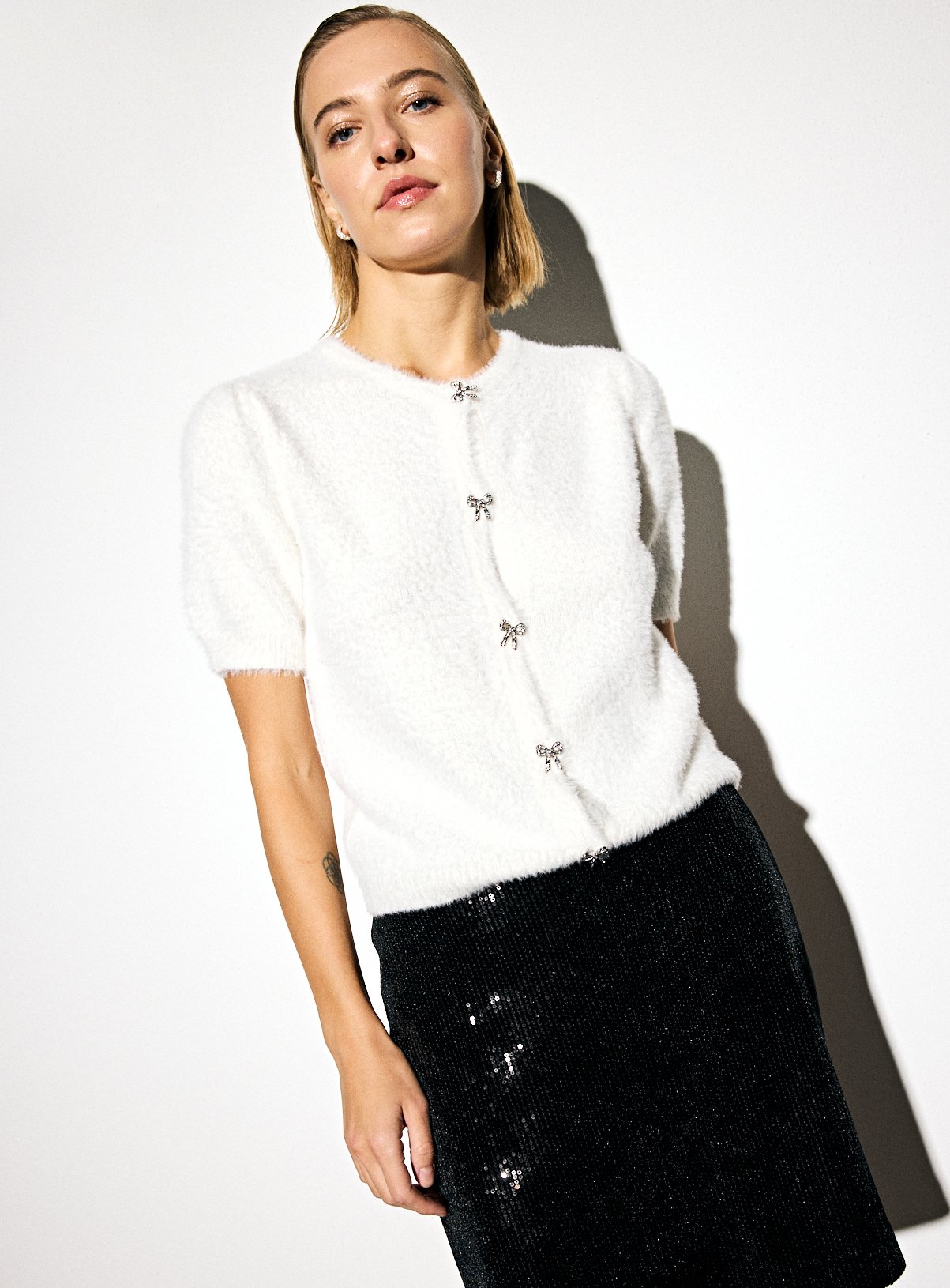 Fluffy Eyelash Bling Button Short Sleeve Cardigan 