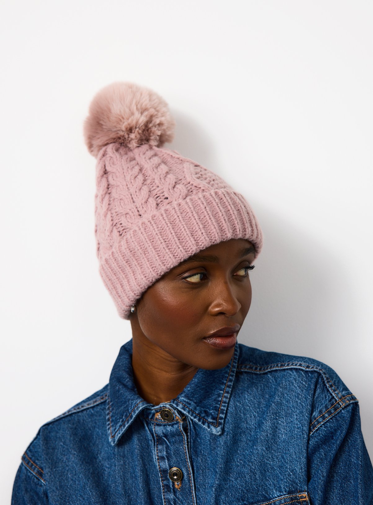Pink Cable Knitted Pom Pom Beanie  One Size