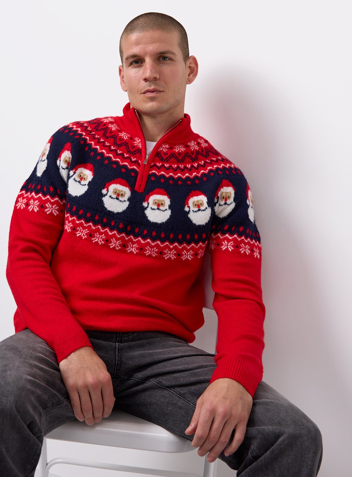 Matching Family Men's Red Christmas Santa Fairisle Quarter Zip Jumper  