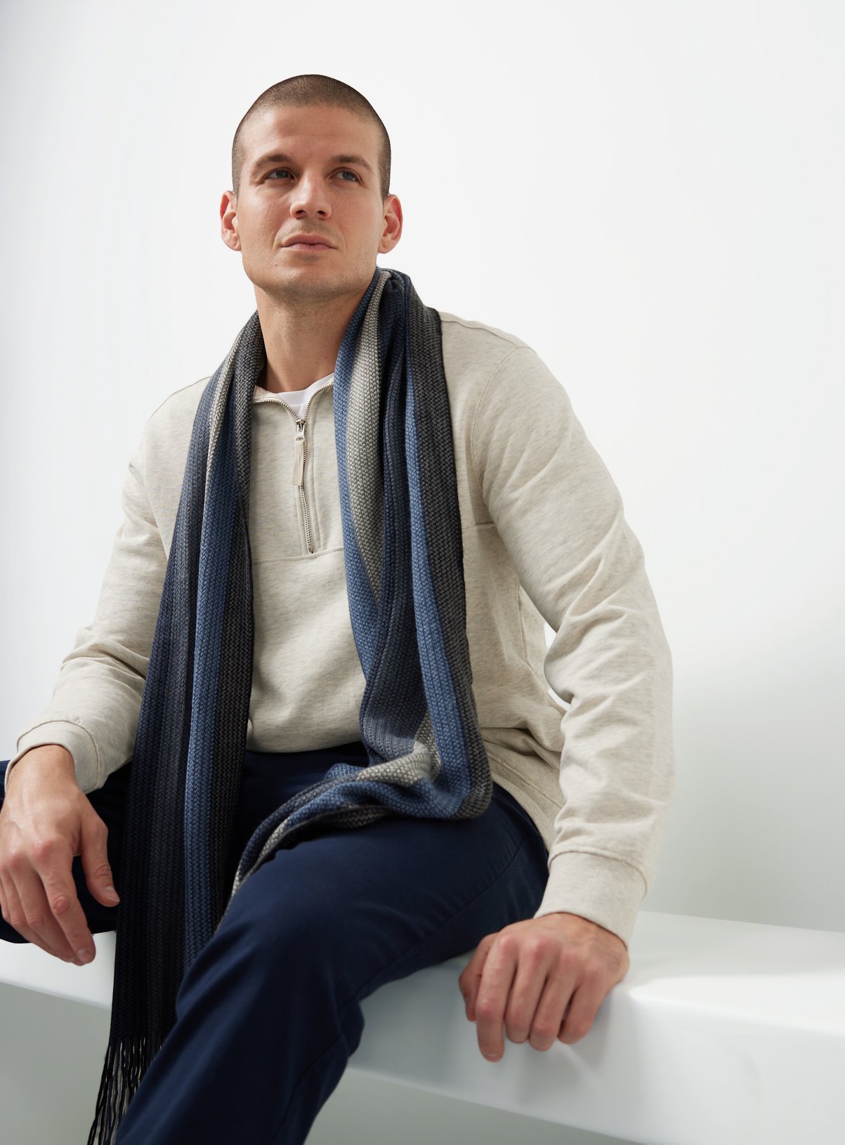 Multi Blue Striped Tassel Scarf One Size