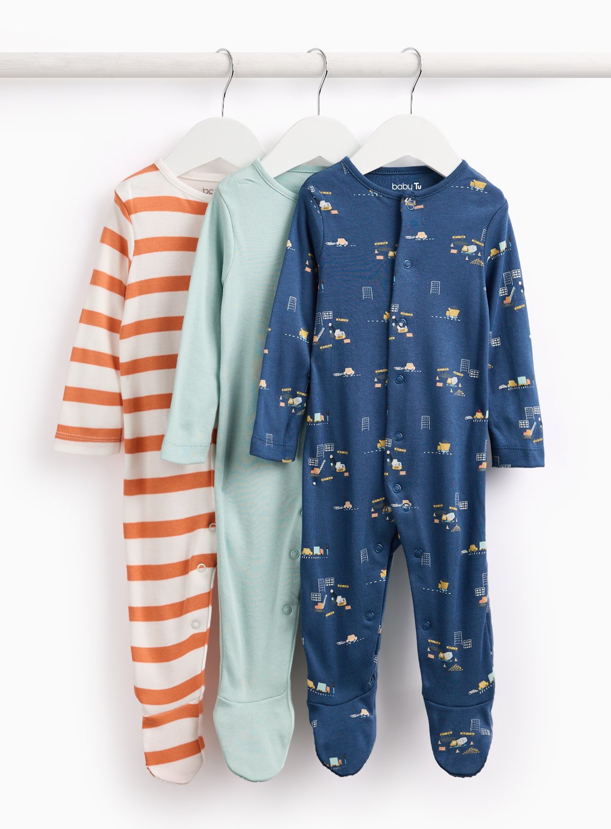 Transport Print & Stripe Sleepsuits 3 Pack