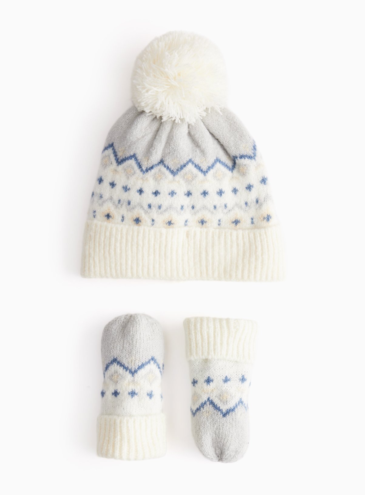 Fairisle Knitted Pom Pom Hat & Mittens Set 