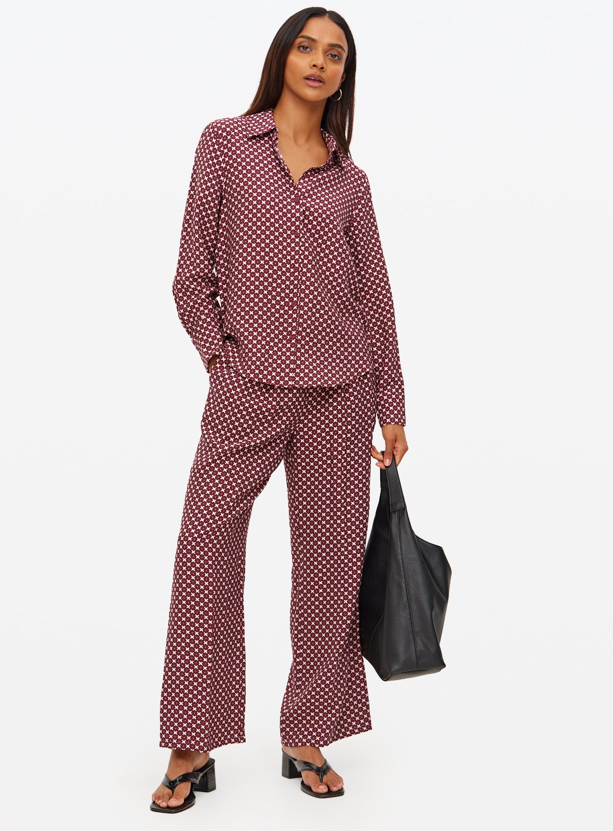 Dark Red Geometric Print Wide Leg Co-ord Trousers  