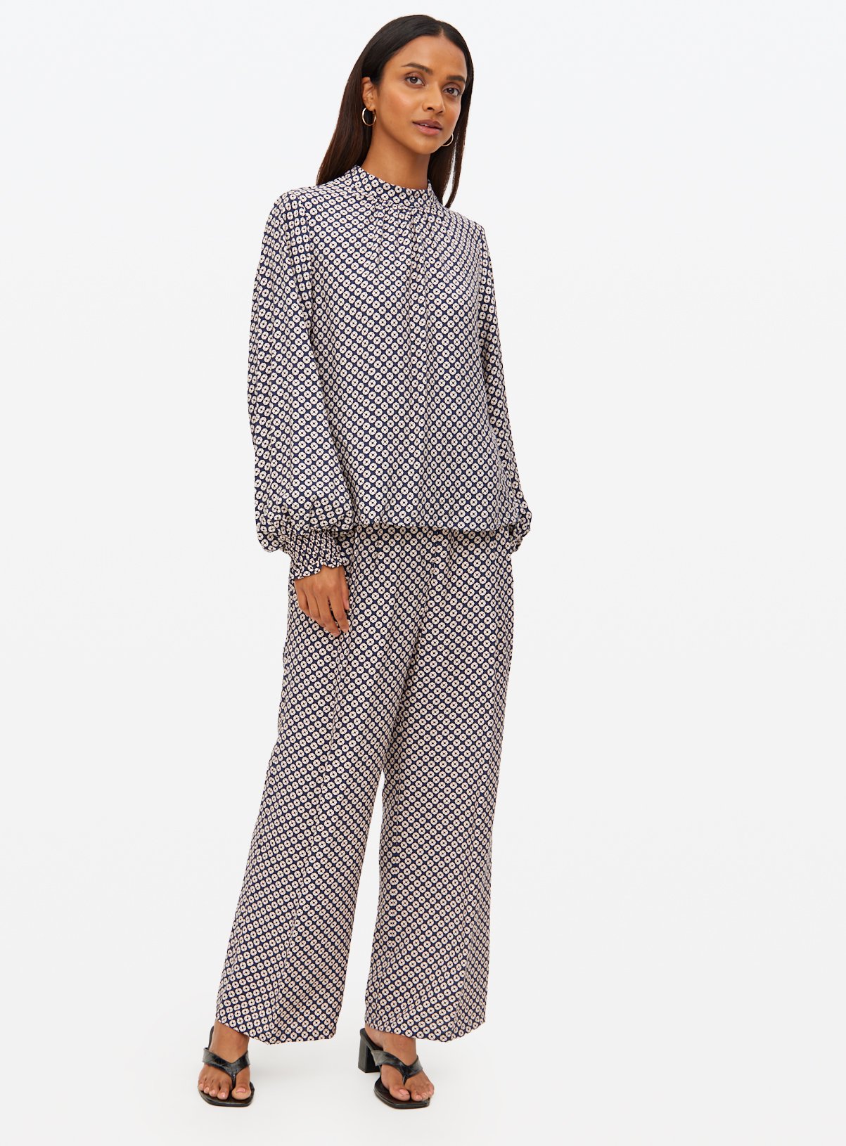 Navy Geometric Print Wide Leg Co-ord Trousers