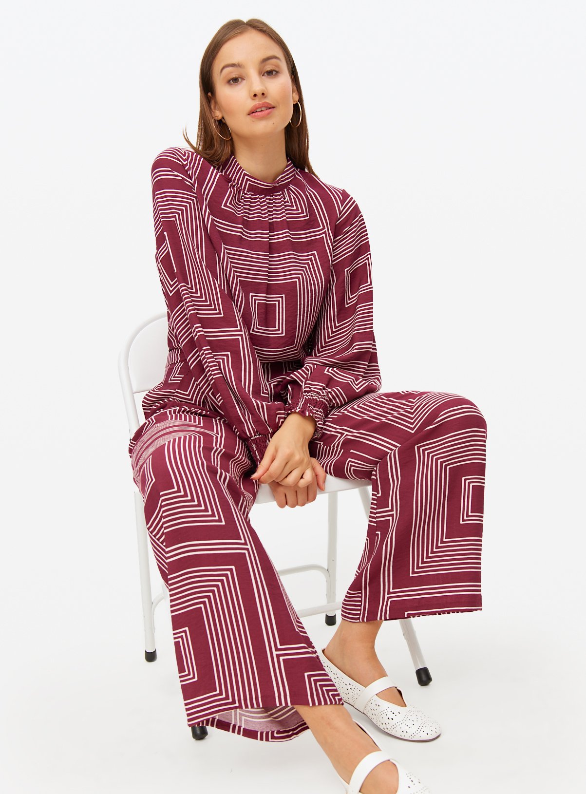 Red Geometric Printed Wide Leg Co-ord Trousers  