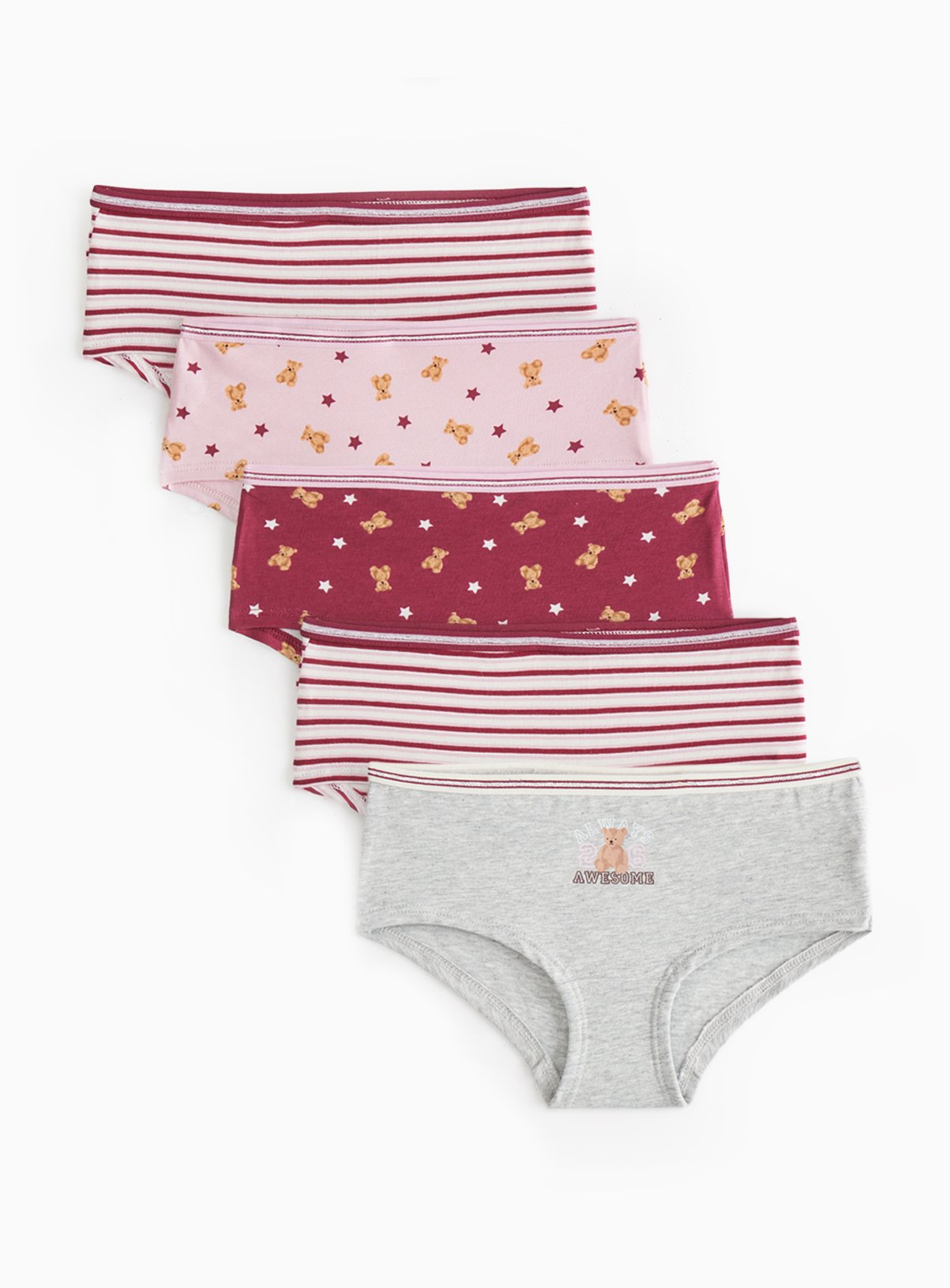Stripe And Bear Print Short Knickers 5 Pack 