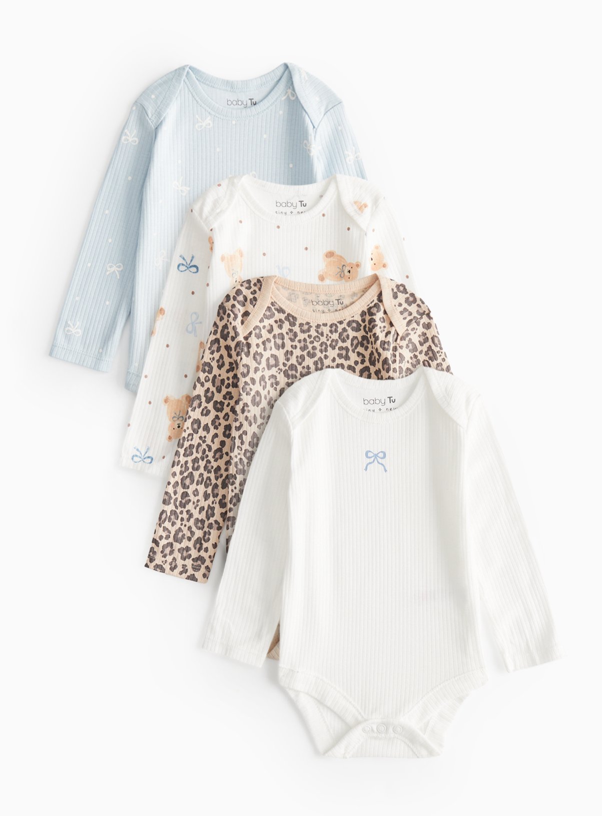 Blue Bear Print Long Sleeve Bodysuits 4 Pack 