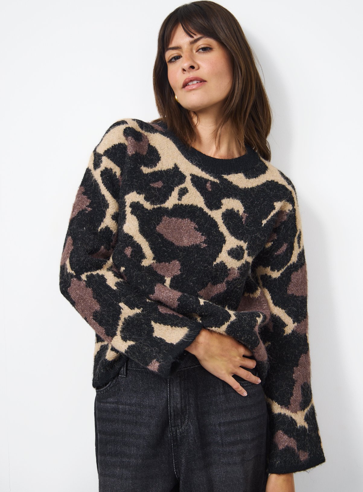 Brown Animal Print Brushed Knit Jumper