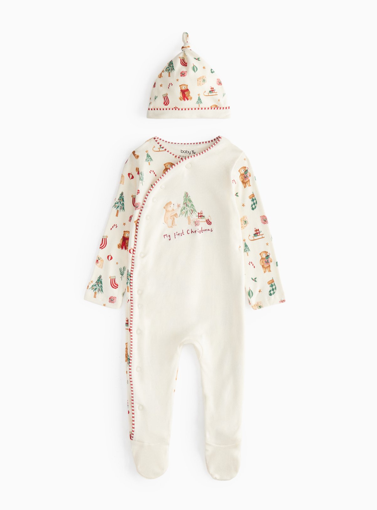 My First Christmas Slogan Cream Sleepsuit & Hat  6-9 months
