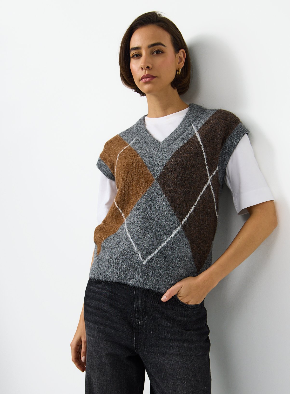 Grey Argyle V Neck Boxy Knitted Tank XXL