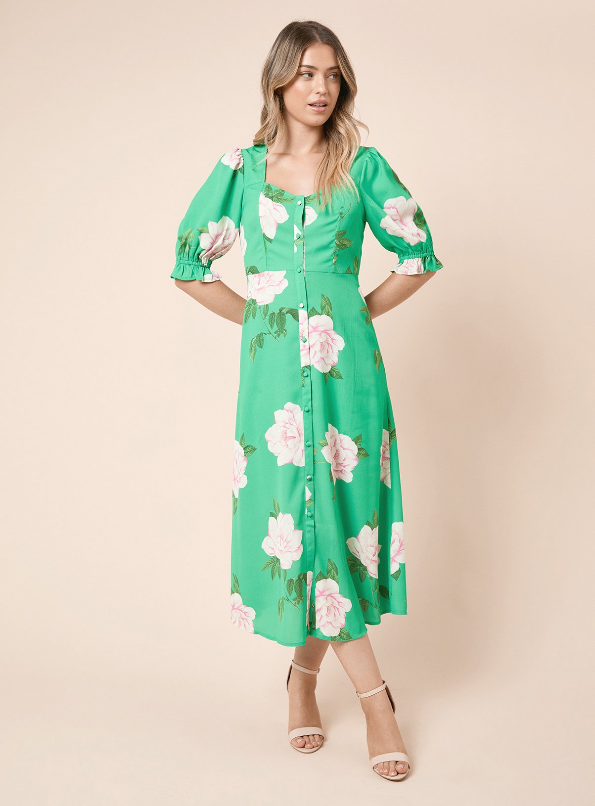 DOROTHY PERKINS Green Floral Button Through Midi Dress 