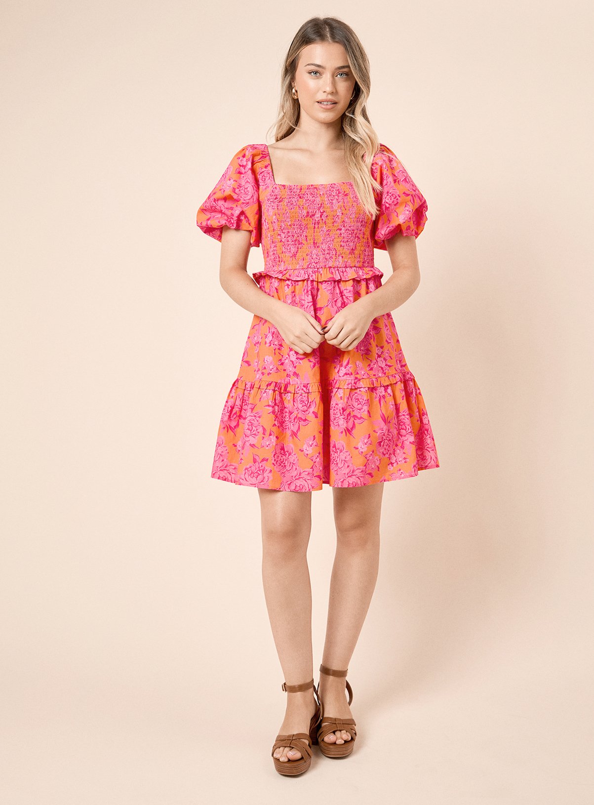 DOROTHY PERKINS Orange Floral  Shirred Bodice Mini Dress 18