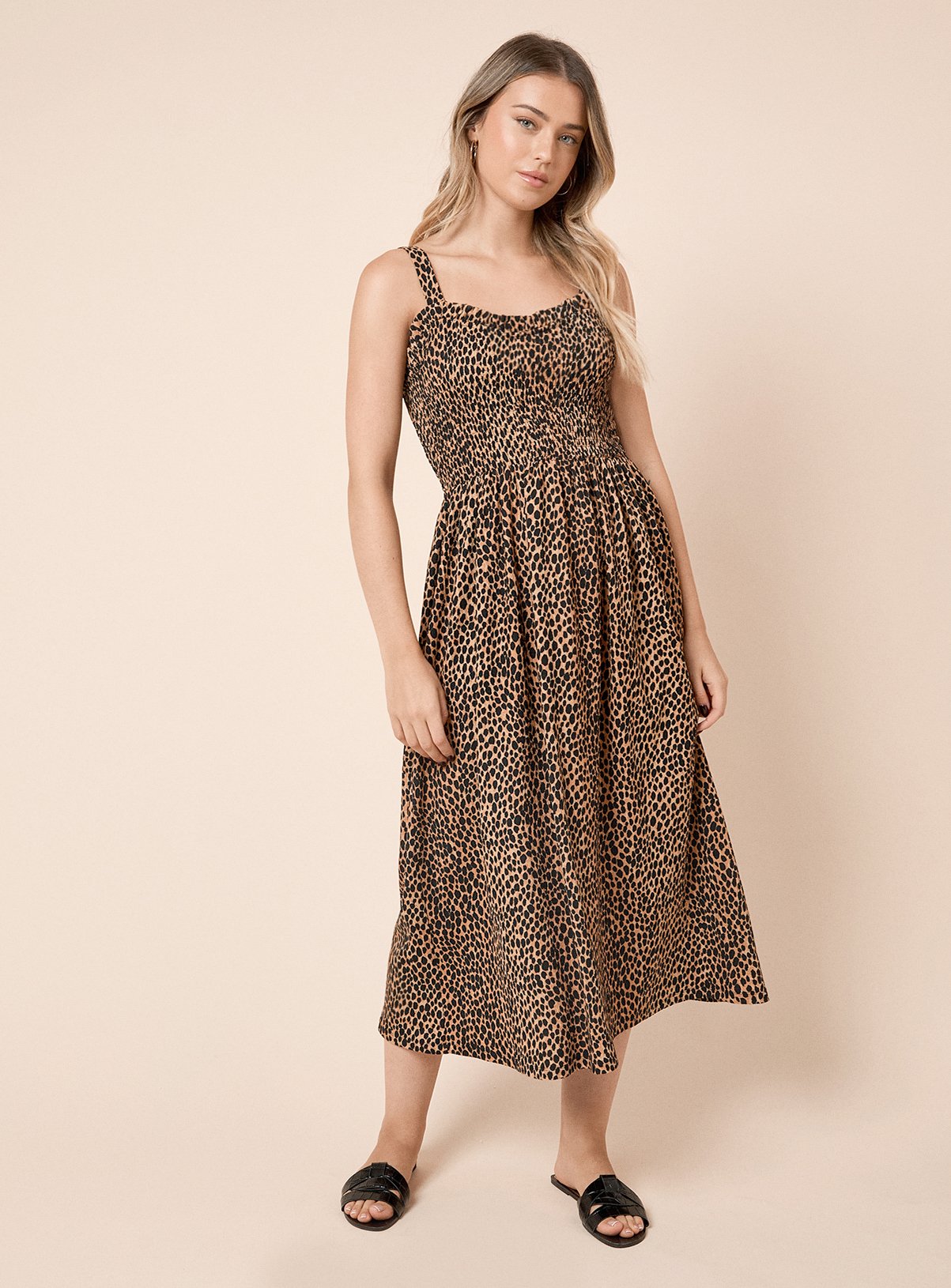 DOROTHY PERKINS Animal Shirred Bodice Strappy Midi Dress 