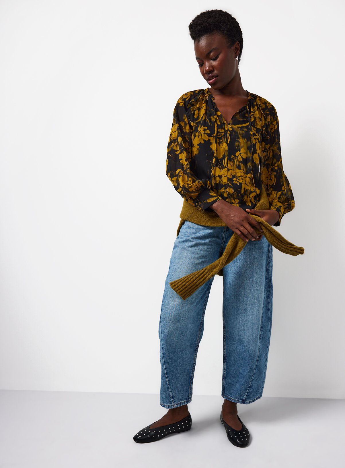 Green Floral Printed Frill Blouse 