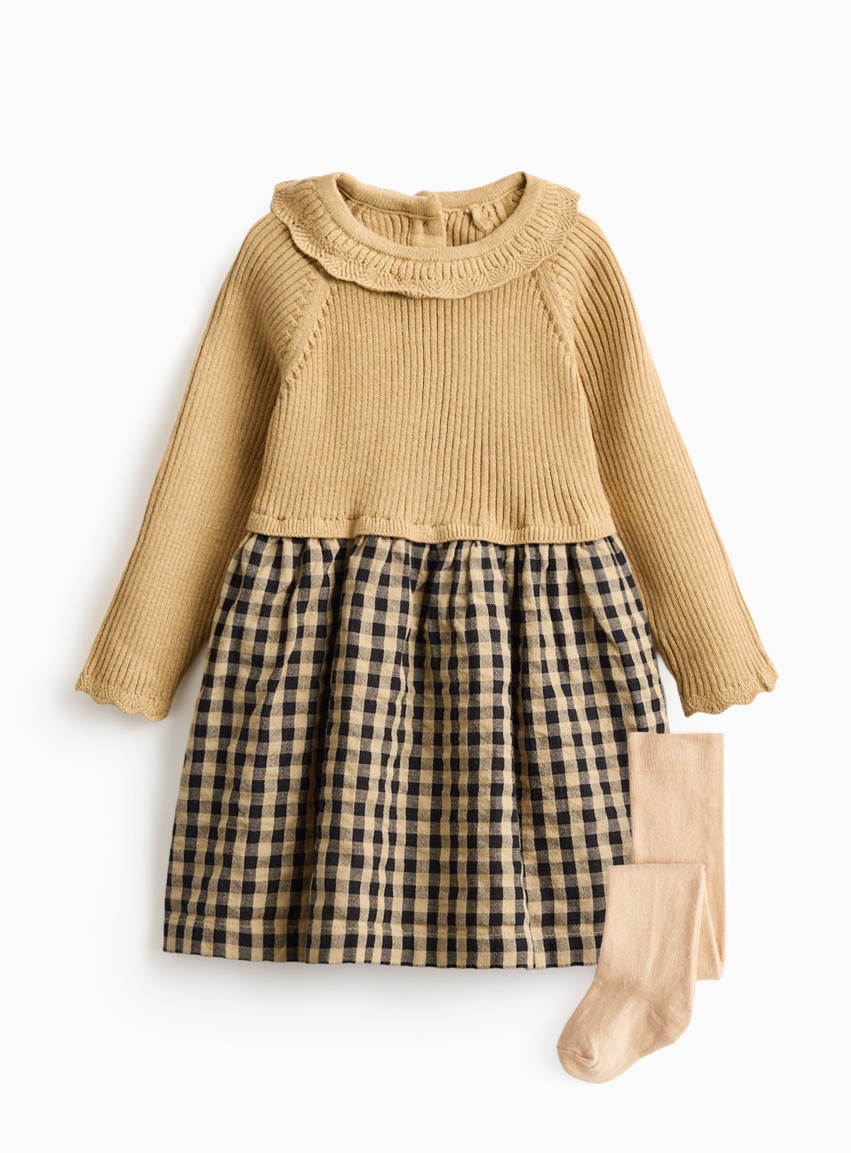Beige Knitted Combined Check Print Dress & Tights