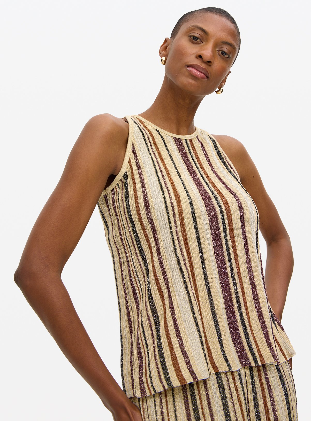 Metallic Striped Co-ord Sleeveless Halter Top 