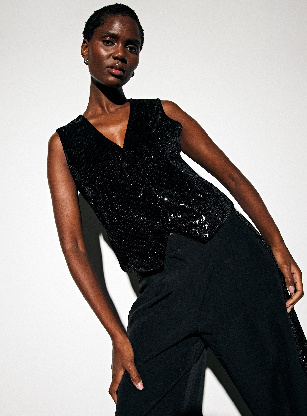 Black Sequin Embellished Sleeveless Waistcoat 