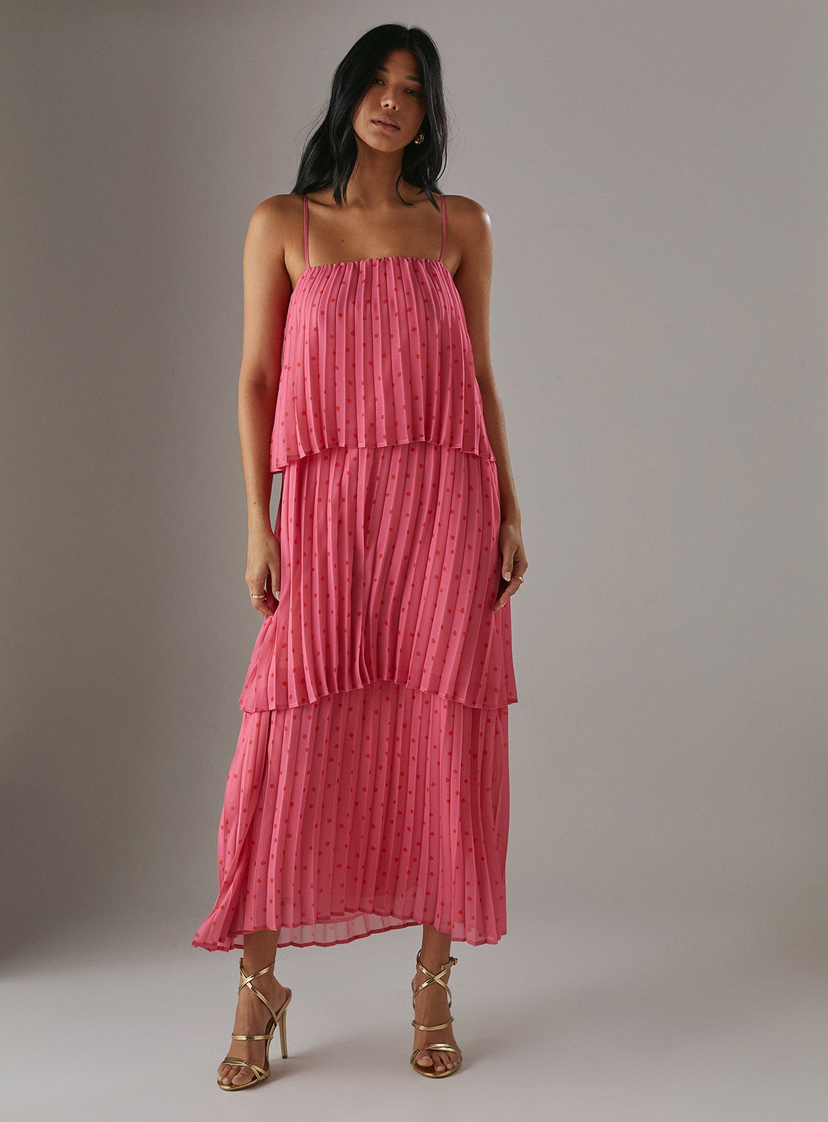 WAREHOUSE Chiffon Pleated Tier Strappy Midi Dress 