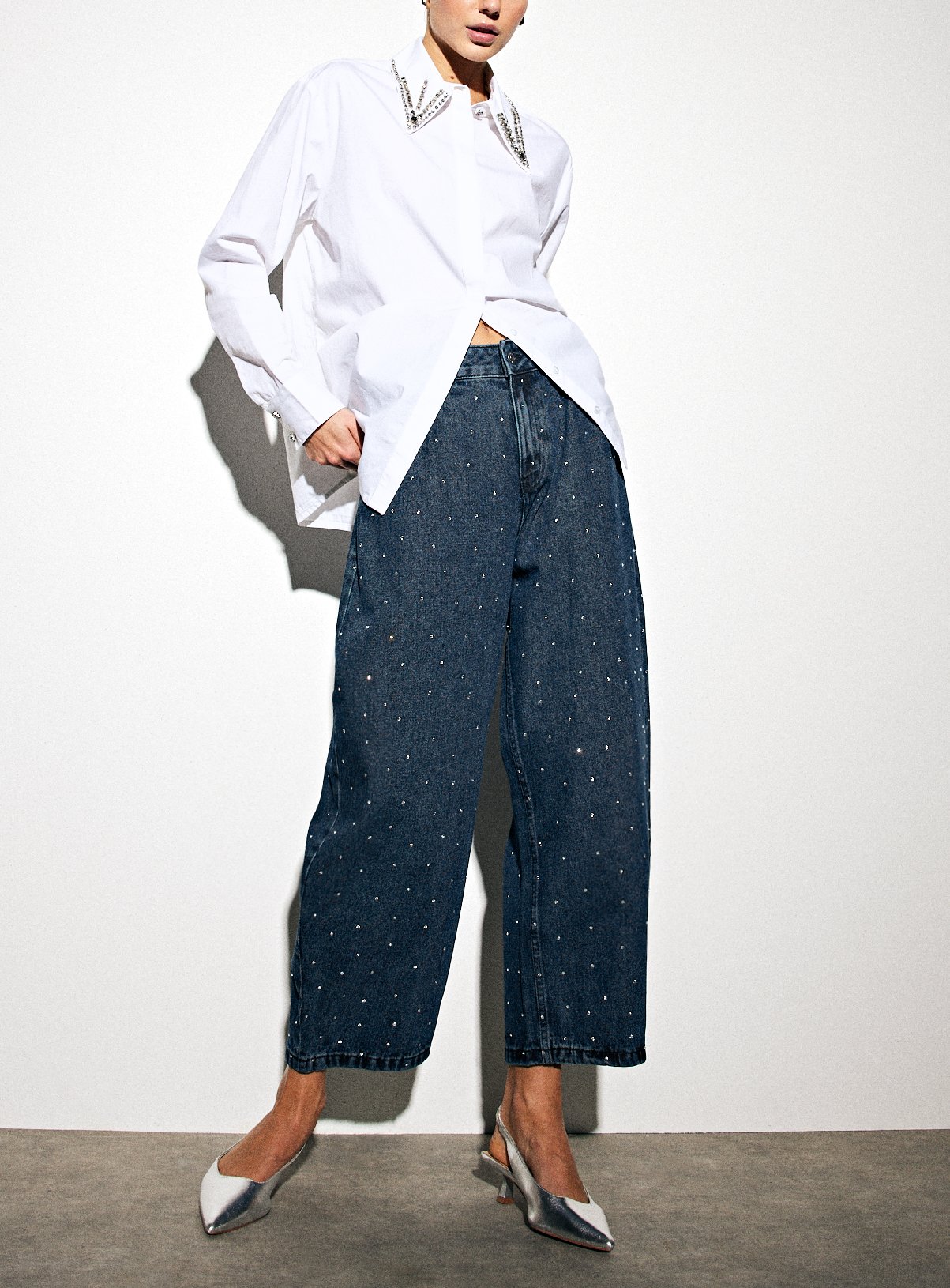 Dark Rinse Denim Embellished Barrel Leg Jeans