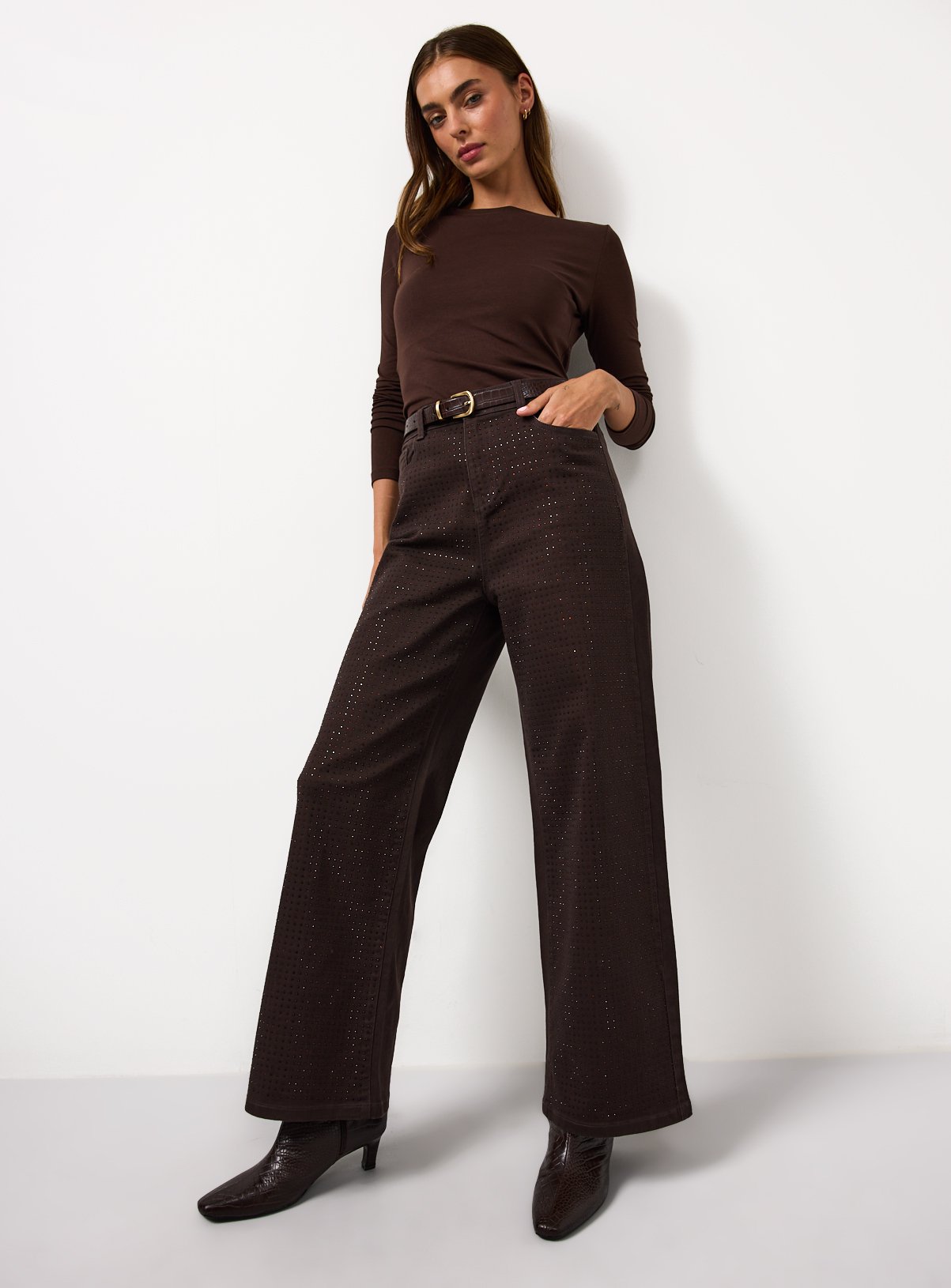 Brown Denim Embellished Wide Leg Jeans  