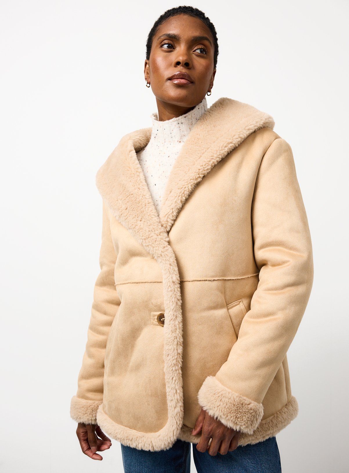 Beige Faux Shearling Shawl Collar Jacket 22