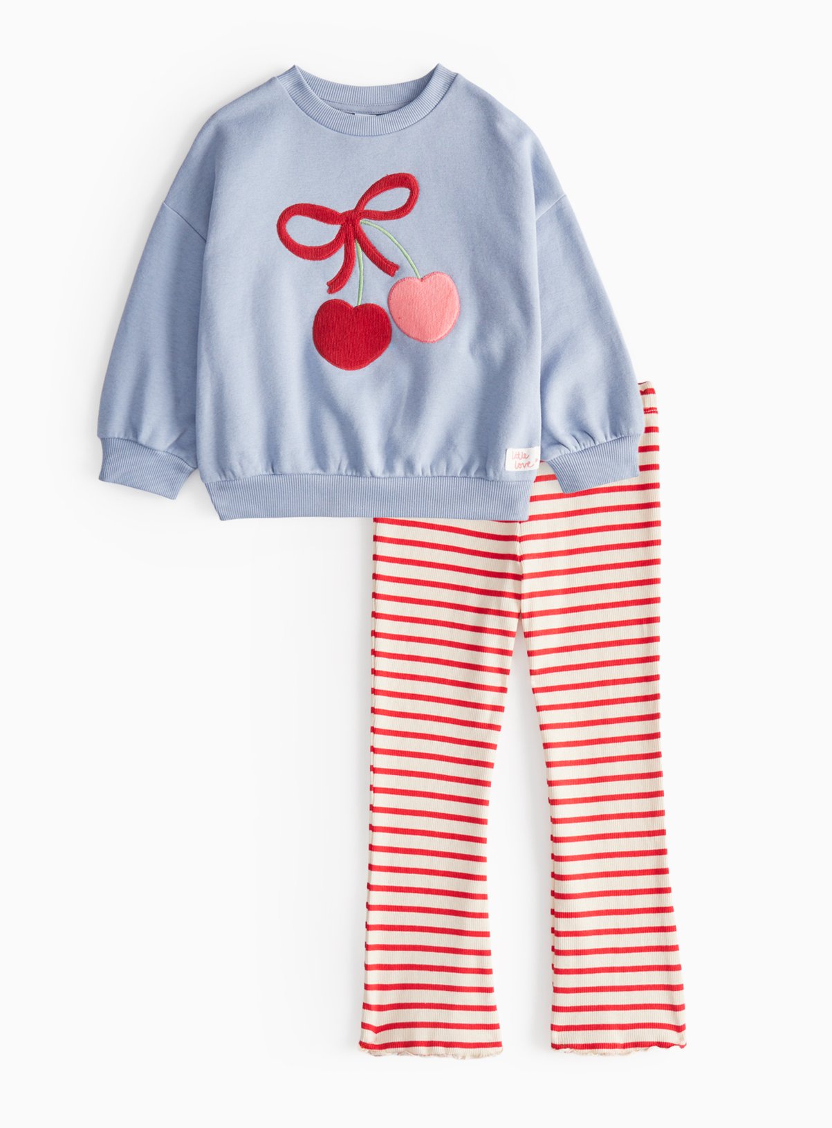Blue Cherry Applique Sweatshirt & Red Flared Leggings