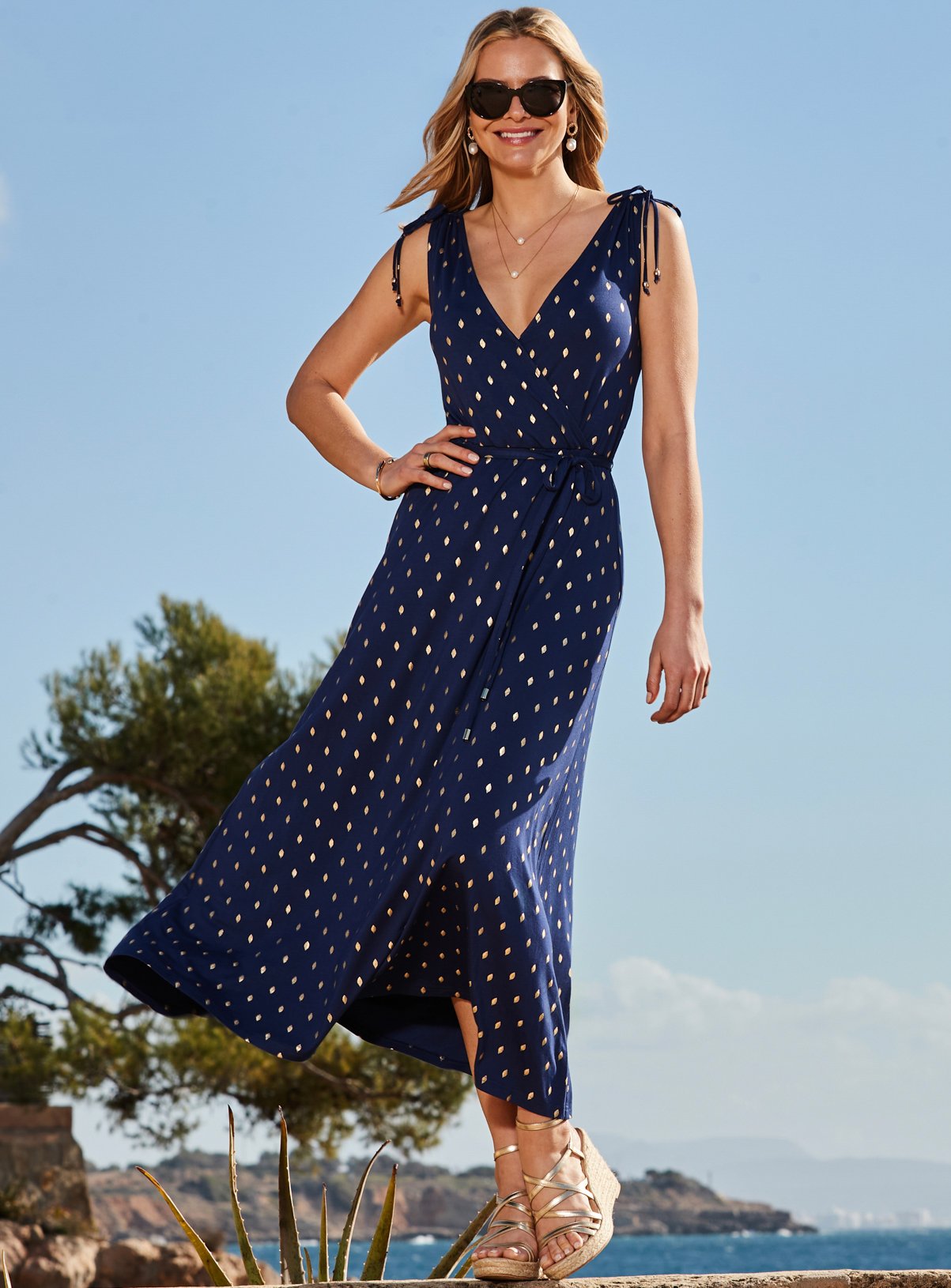 SOSANDAR Navy Blue & Gold Metallic Spot Tie Waist Dress