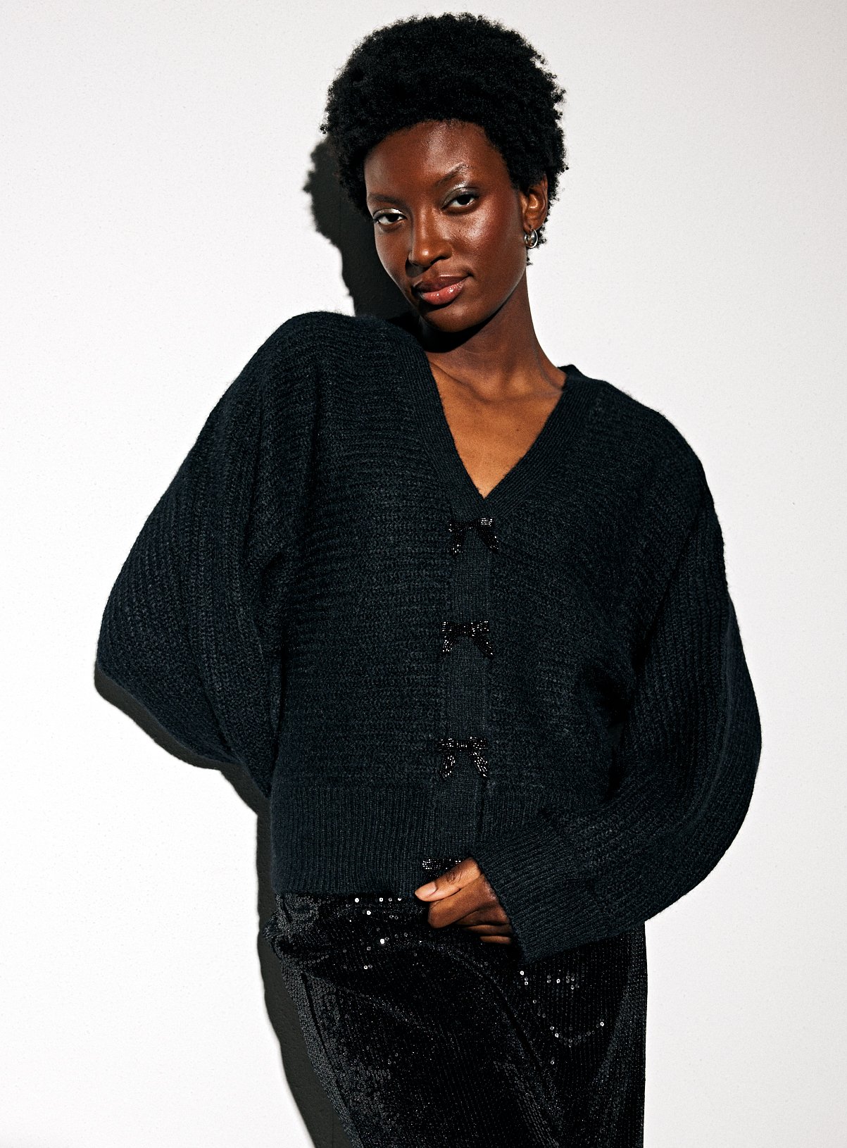 Eyelash Knit Diamante Bow Cardigan