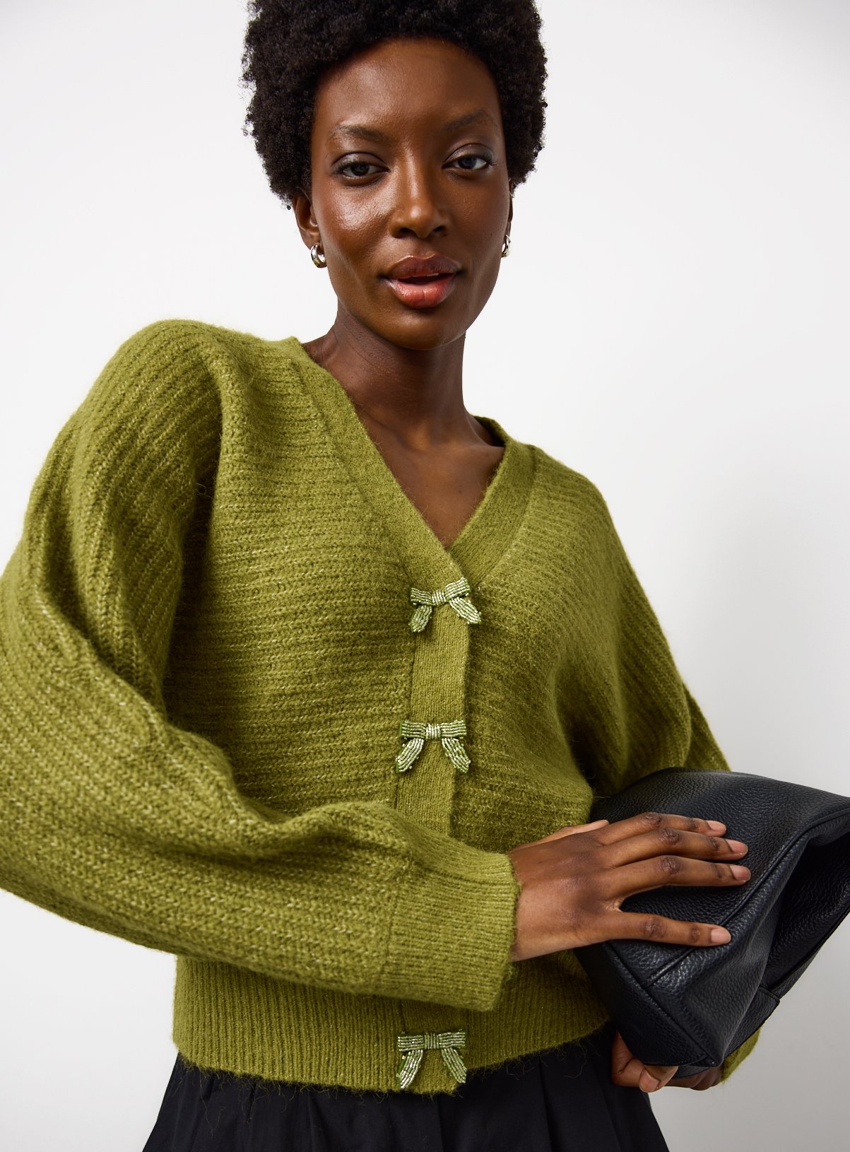 Eyelash Knit Diamante Bow Cardigan  