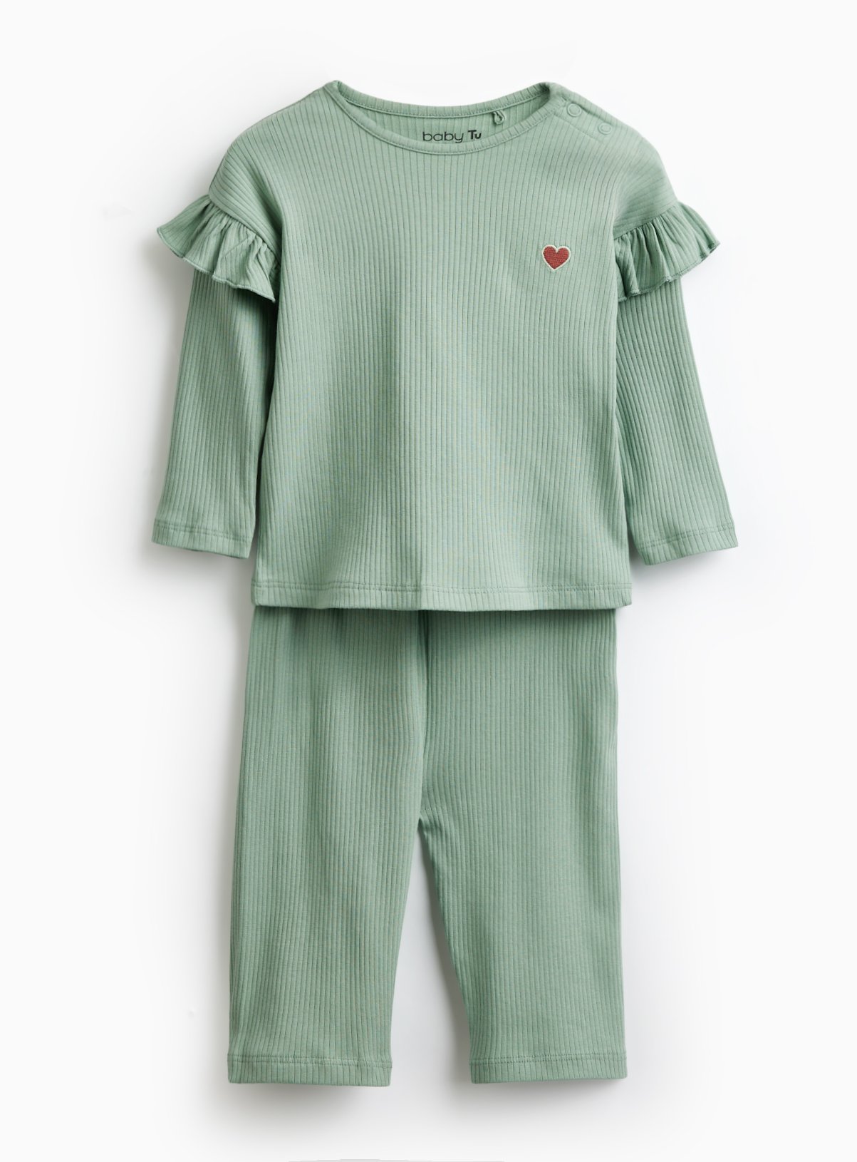 Green Frill Ribbed Two Piece Set 