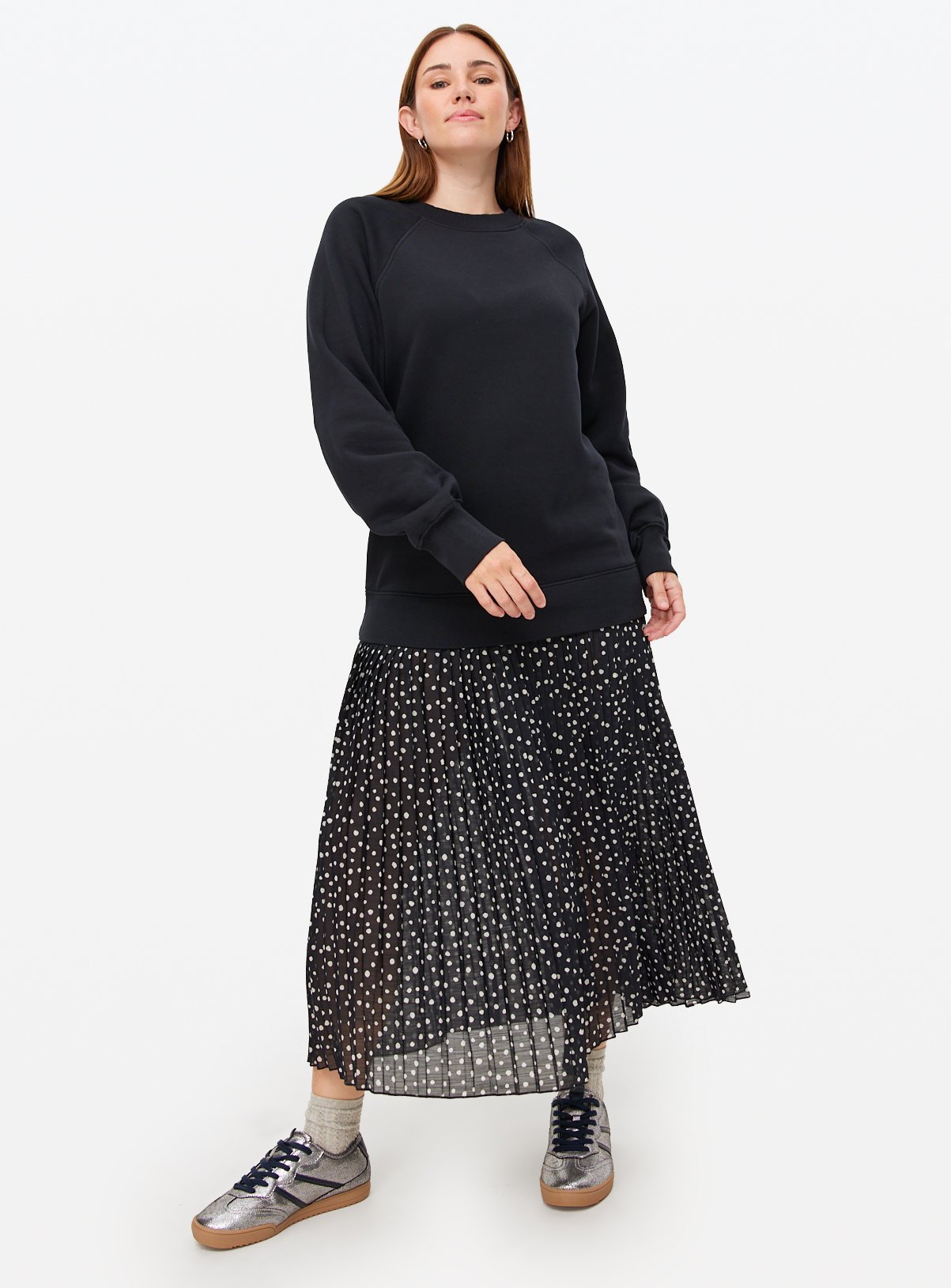 Black Sweatshirt Combined Plisse Polka Dot Midaxi Dress 24