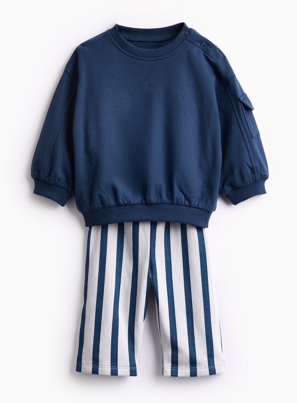 Navy Crew Sweatshirt & Striped Joggers Set