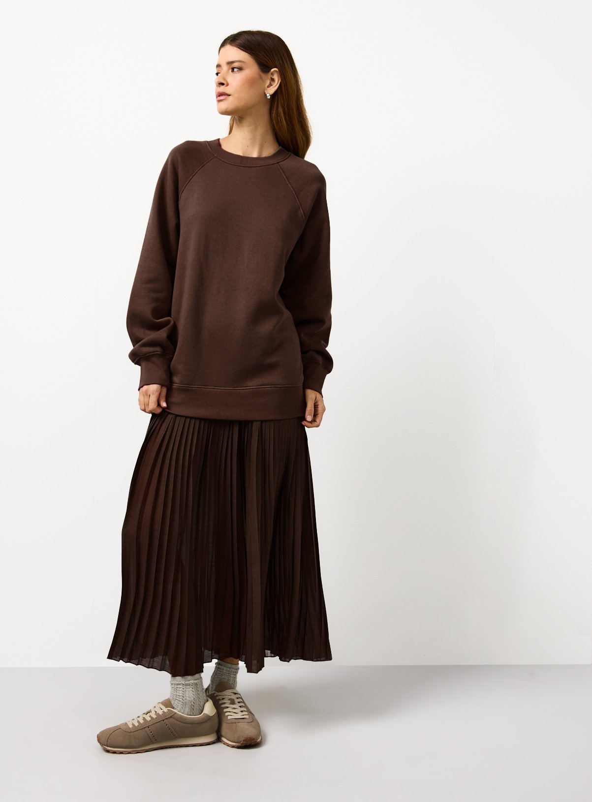 Brown Sweatshirt Combined Plisse Midaxi Dress 20