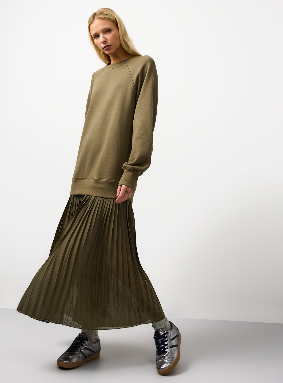 Khaki Sweatshirt Combined Plisse Midaxi Dress 20