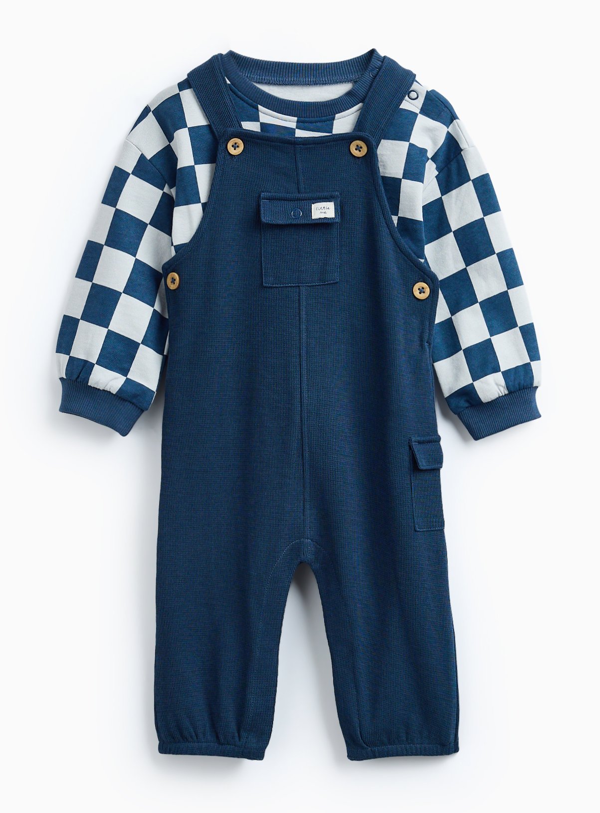Navy Chequered Sweatshirt & Ribbed Knit Dungarees Set 