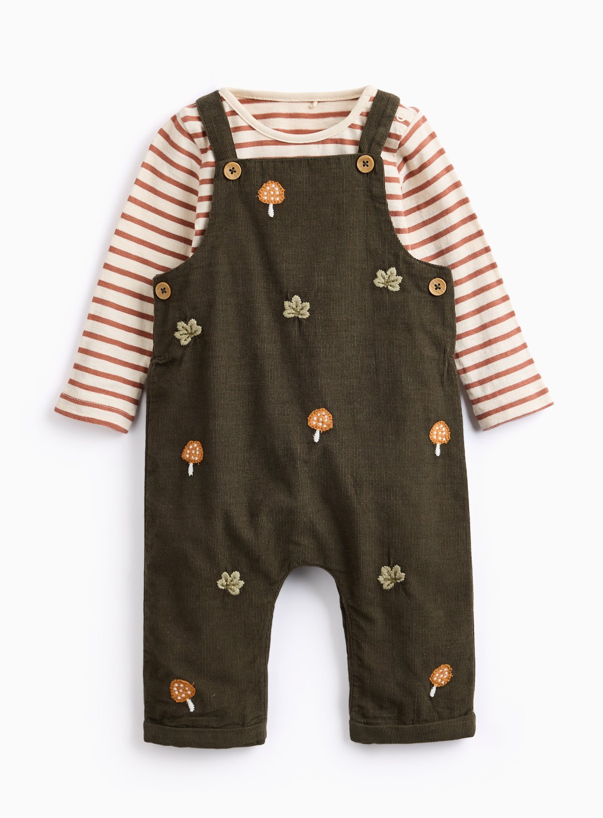 Brown Embroidered Corduroy Dungarees & Bodysuit Set 