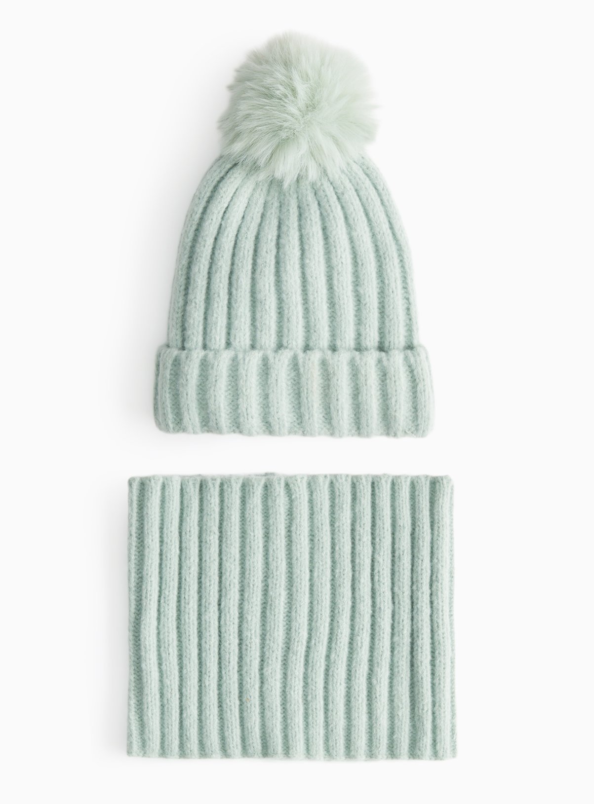 Green Ribbed Knitted Beanie Hat & Snood Set 