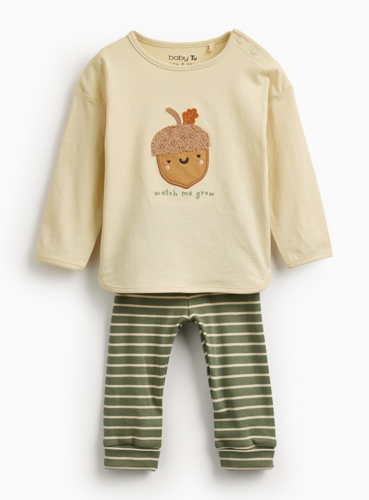Acorn Embroidered Top & Khaki Striped Ribbed Leggings 3-6 months