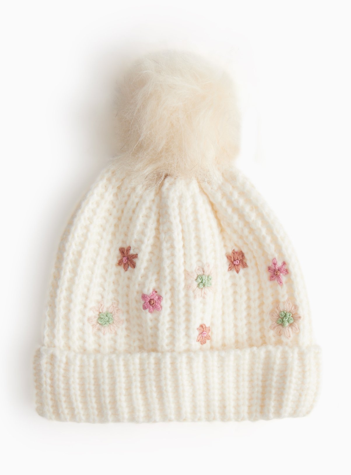 Cream Flower Embroidered Knitted Pom Pom Hat 