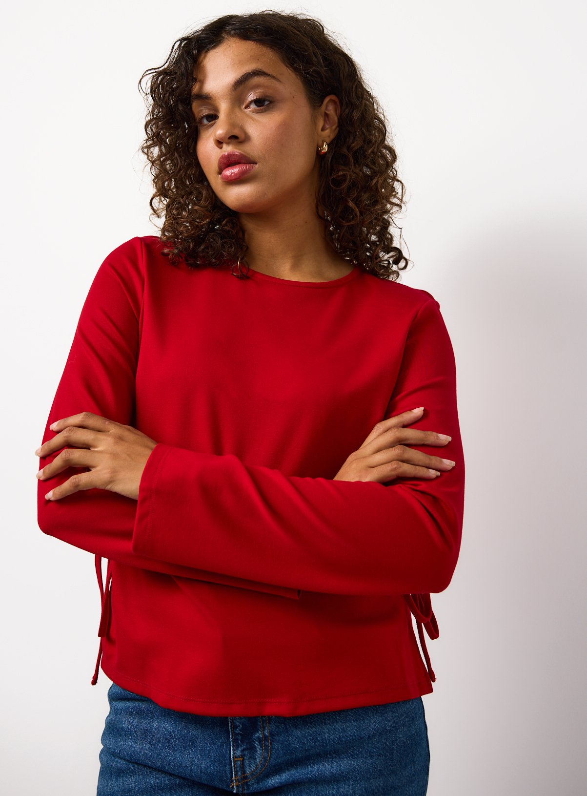 Red Tie Detail Long Sleeve Top 
