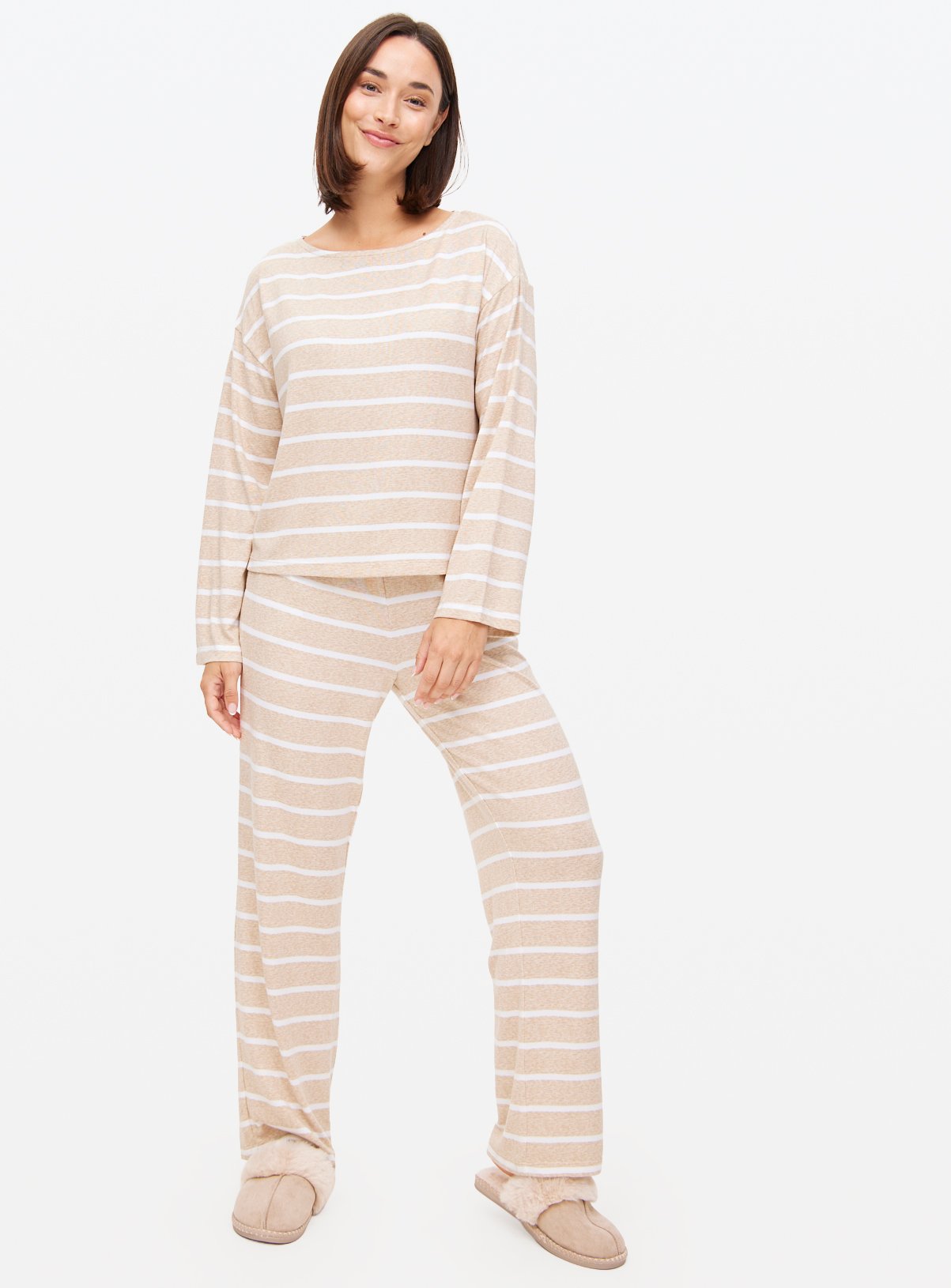 Oatmeal Striped Soft Touch Co-ord Pyjama Bottoms 