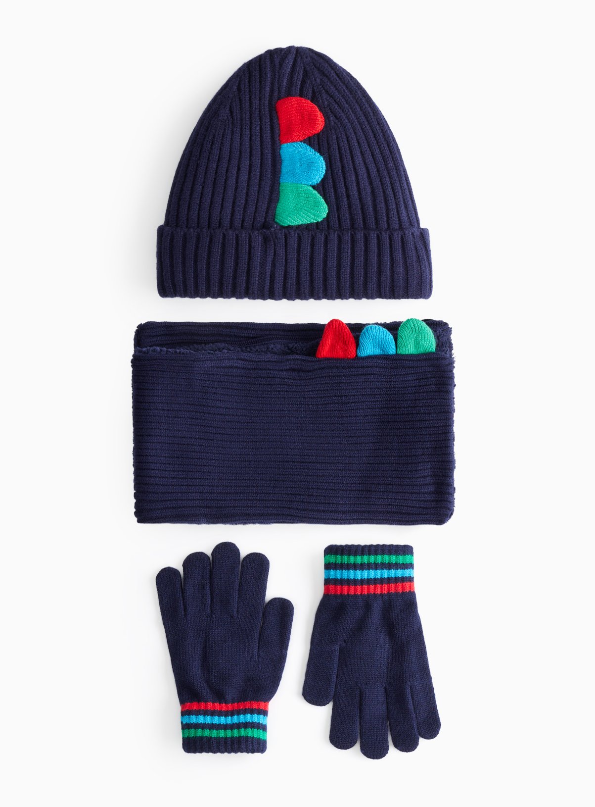 Navy Ribbed Knit Dinosaur Scarf 3-Piece Set