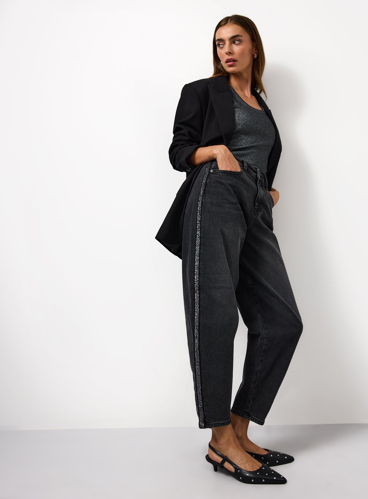 Charcoal Denim Stripe Barrel Jeans 