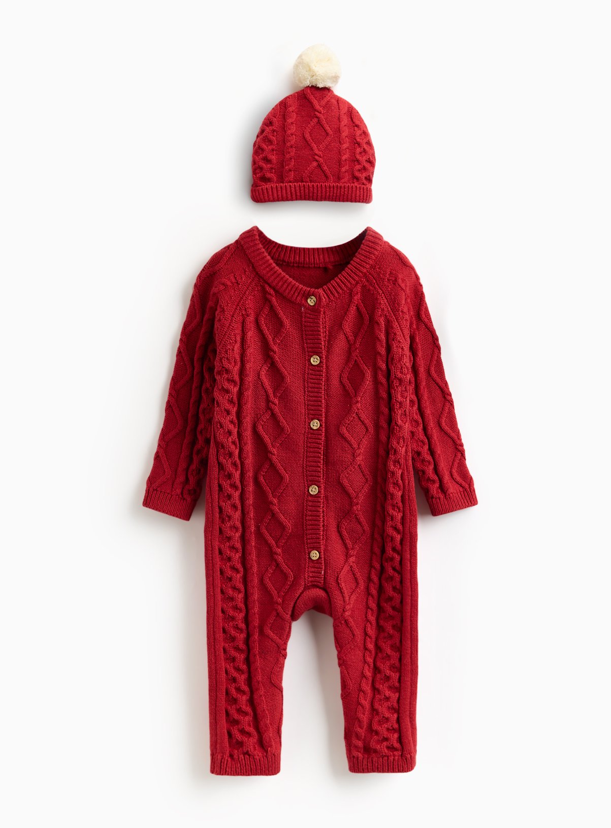 Christmas Dark Red Cable Knit Romper & Hat 6-9 months