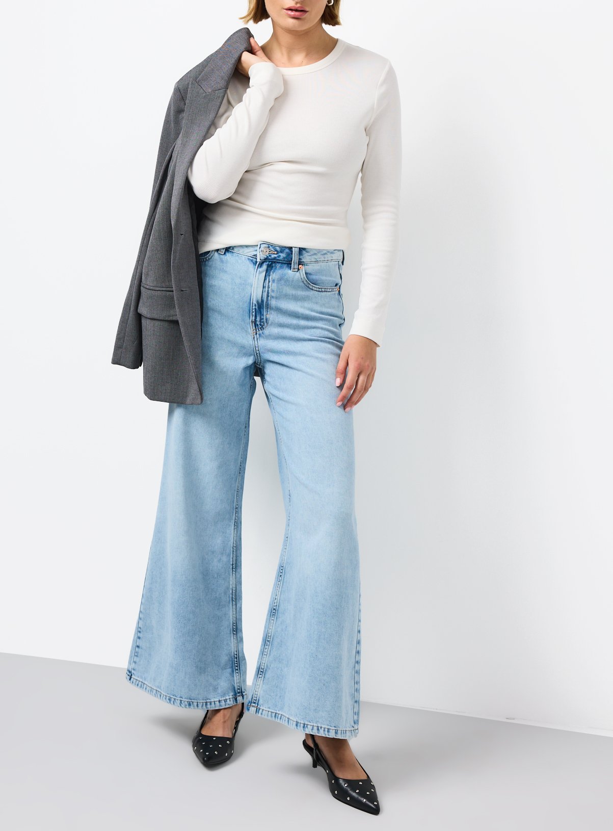 Light Denim Lyocell Blend Flared Palazzo Jeans 16L