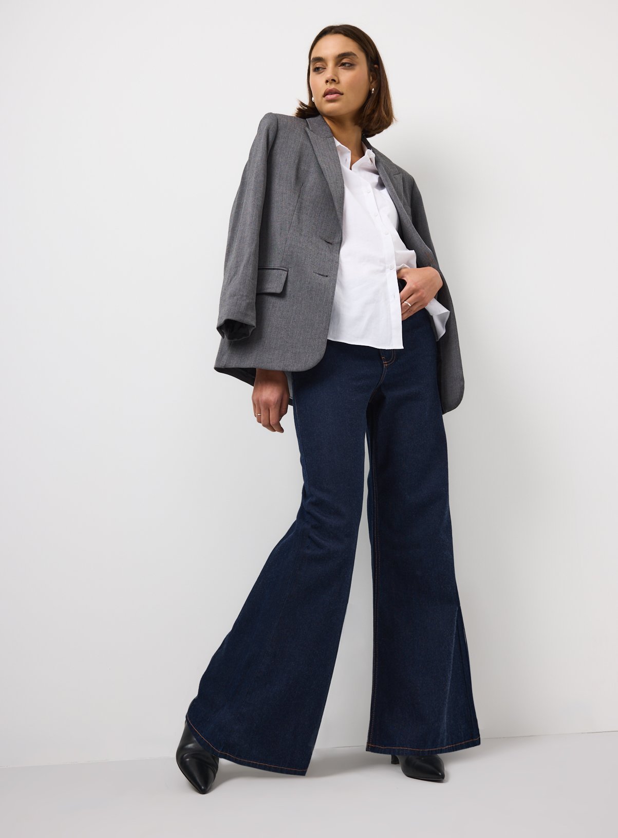 Denim Cotton Blend High Rise Palazzo Flared Jeans 