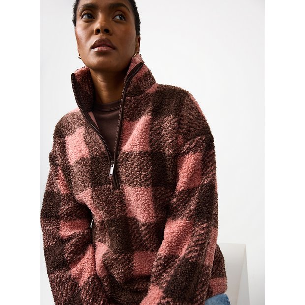 Buy Dark Pink Check Quarter Zip Borg Fleece L Hoodies and - Main Image