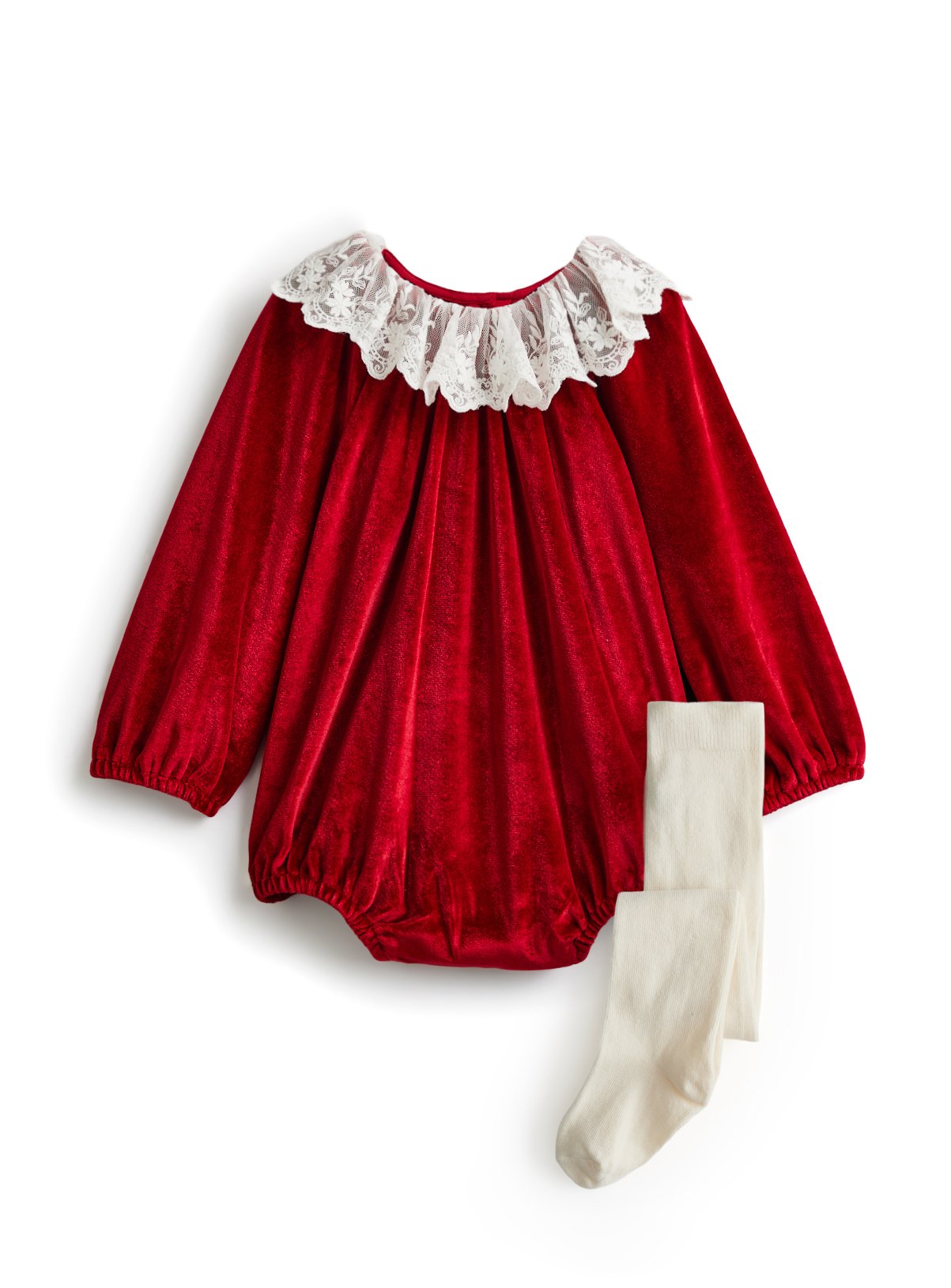 Christmas Red Velour Collared Romper & Tights Set 