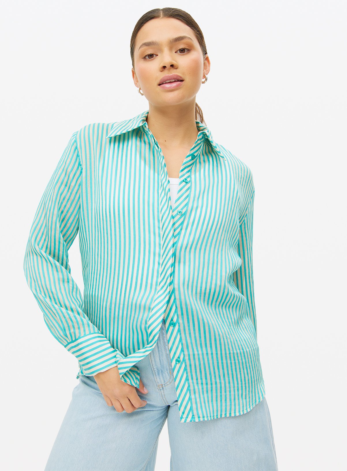 Turquoise Striped Semi Sheer Shirt  