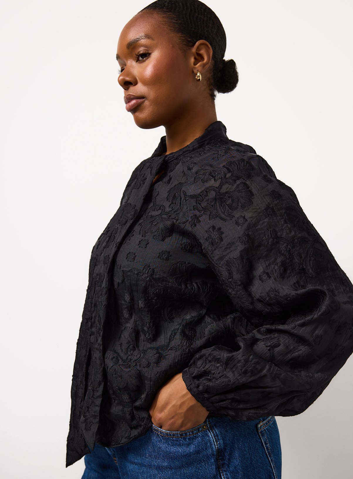 Black Tie Neck Jacquard Blouse 14